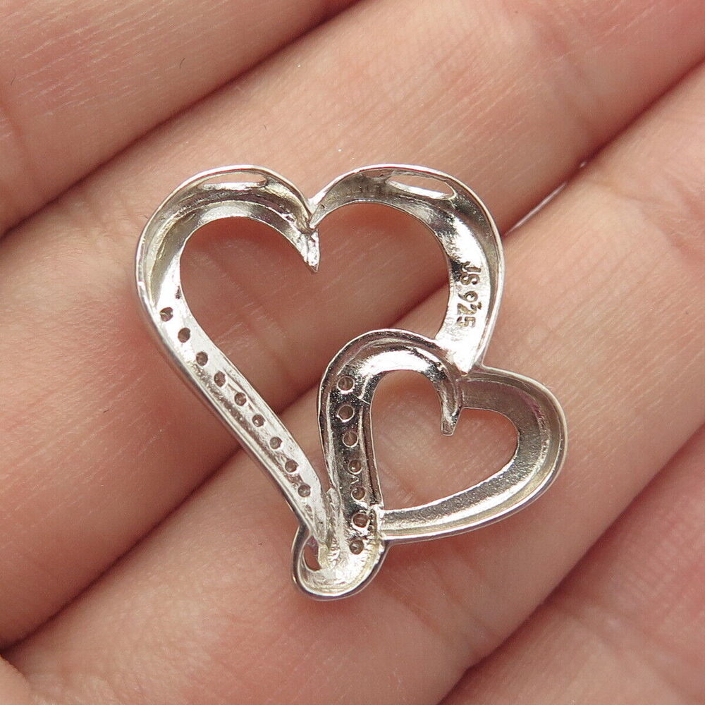 925 Sterling Silver Real White Diamond Couple of Hearts Pendant - Picture 2 of 8